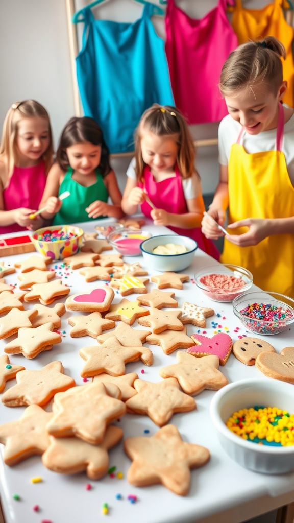 A festive cookie decorating scene with colorful cookies, icing, and happy participants, showcasing creativity and fun.